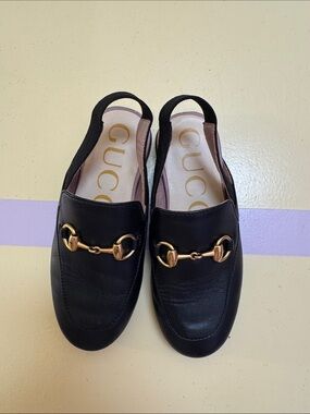 Kids Gucci Black Leather Horsebit Slingback Flats with Gold Hardware